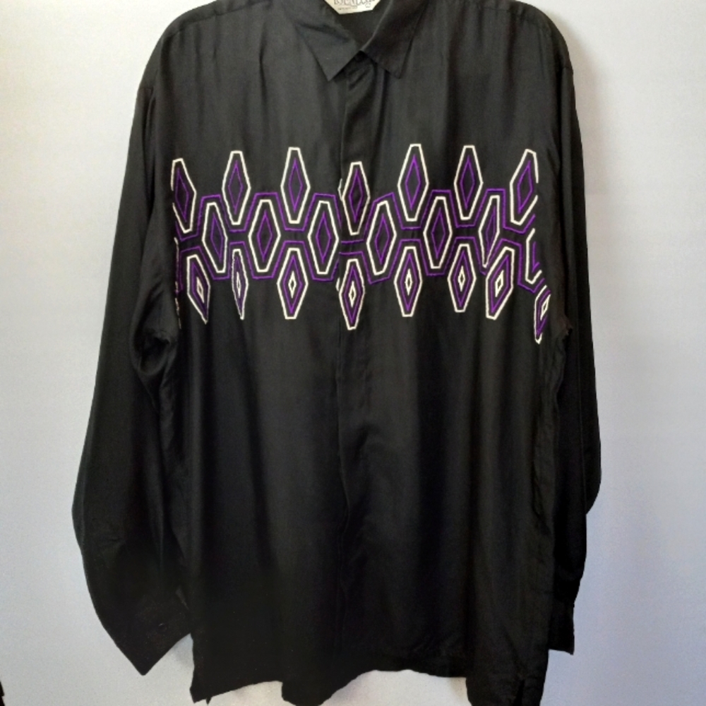 Vintage Genelli Embroidered Geometric 100% Silk Shirt